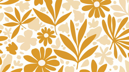 A vibrant floral pattern featuring stylized flowers and leaves in shades of gold and cream, creating a cheerful design.