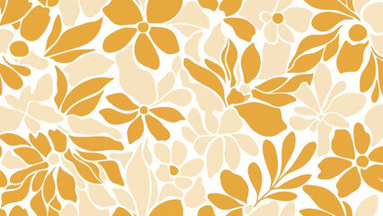 Floral pattern featuring stylized flowers and leaves in shades of yellow and cream against a white background.