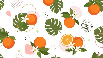 A vibrant and refreshing seamless pattern featuring ripe oranges, green leaves, and delicate white blossoms on a white background with abstract shapes.