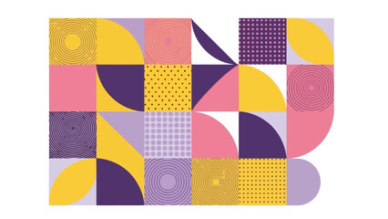 Geometric abstract pattern with squares, circles, and quarter circles in pastel colors.