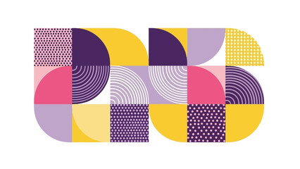 Geometric pattern with squares, circles, and various textures in purple, yellow, and pink.