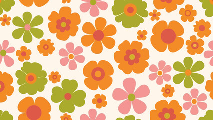 A vibrant and cheerful retro floral pattern with a cream background, featuring stylized flowers in shades of orange, pink, and green.
