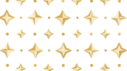A seamless pattern of golden four-pointed stars and small dots on a white background.