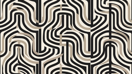 Abstract geometric pattern with interlocking curved lines in black, beige, and white.
