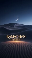 Crescent moon shines over serene desert landscape at dusk