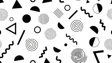 Black and white geometric shapes scattered across a seamless repeating pattern background.