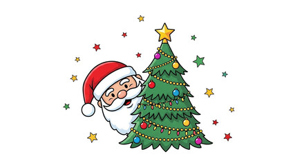 Santa claus decorating christmas tree isolated on transparent background