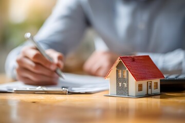 Real estate agent using a calculator and writing on documents with a small house model on the desk for property finance planning