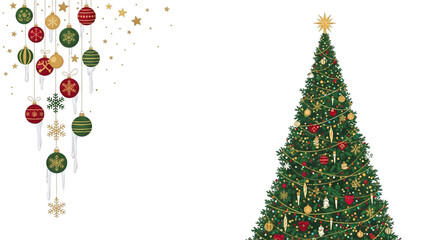 Decorated christmas tree with hanging ornaments isolated on transparent background