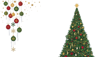Decorated christmas tree with hanging ornaments isolated on transparent background