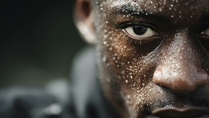 Close up on the intense face of an African American male athlete covered in sweat and water droplets from heavy rain during an intense workout