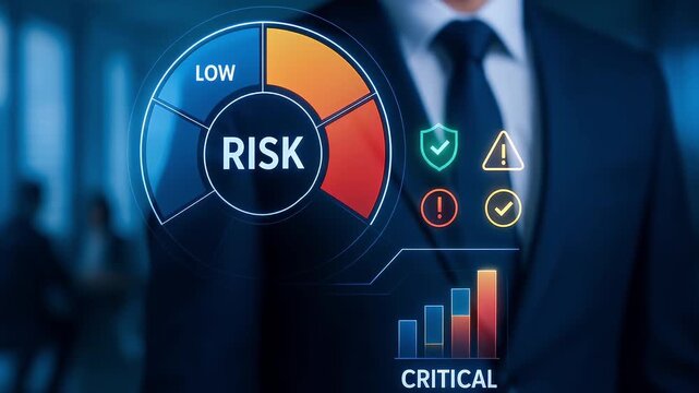 Risk assessment gauge showing low to critical levels with warning icons, business data analysis, critical risk indicators, and visualization for effective decision making and safety management