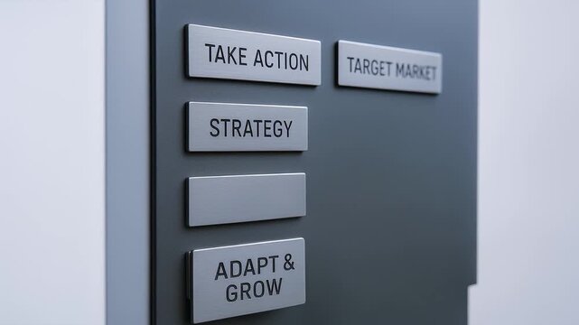 Hand pressing adapt grow button on control panel with take action, target market, and strategy plaques symbolizing business growth, strategic planning, and market control for success development