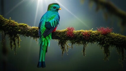 A vibrant resplendent quetzal perched on a mossy branch in nature