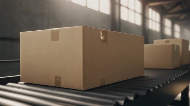 Brown cardboard boxes moving along a conveyor belt in a logistics warehouse or sorting facility