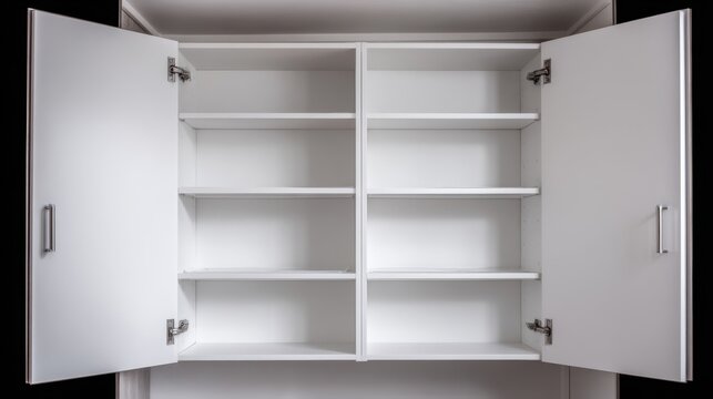 Spacious modern white cabinet with open doors showcasing empty shelves ready for organization and storage in contemporary home interior design
