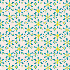 Fototapeta premium Fading floral star pattern multi-pelated motifs in shades of green,yellow,and turqoise on a light background.Perfect for textile print,fabric for clothing,home decor,wallpaper,packaging,gift wrap,web.