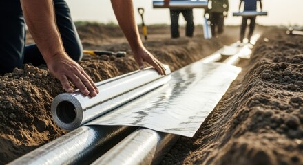 Footage highlighting the procedural sequence of laying insulation vapor barriers and protective covers for belowground heating pipes.