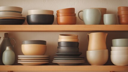 Elegant Kitchenware Display Featuring Assorted Ceramic Bowls, Plates, and Pitchers on Wooden Shelves for Stylish Dining or Home Decor Inspiration