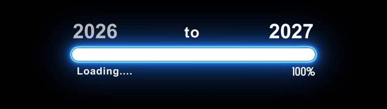 New year 2027 loading bar animation, Loading bar from 2026 to 2027 new year transfer animation. Almost reaching New Year on black background. Welcoming the happy new year 2027. rectangle box animation