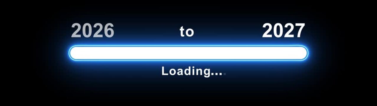 New year 2027 loading bar animation, Loading bar from 2026 to 2027 new year transfer animation. Almost reaching New Year on black background. Welcoming the happy new year 2027. rectangle box animation