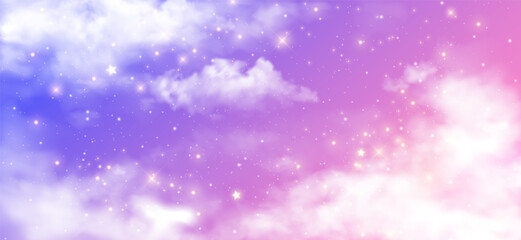 Fantasy gradient backdrop with holographic rainbow, pastel pink sky and cloud for unicorn or kawaii. Cute candy background for magical mermaid. Birthday party banner with bokeh light and glitter star. © Impixdesign