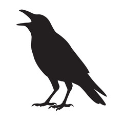 Fototapeta premium Black silhouette of a crow with open beak, creating a striking contrast on a white background