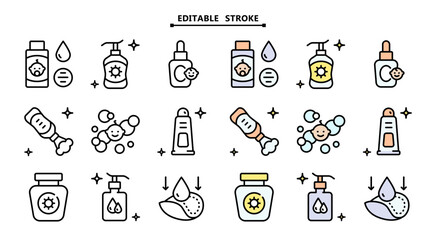Minimal linear icons set of baby care products. Editable stroke vector. Cosmetic bottles and beauty products for skincare routine, moisturizing and cleansing.
