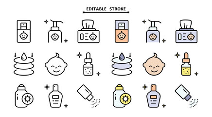 Baby cosmetics outline icons set. Editable stroke vector. Cosmetic bottles and beauty products for skincare routine, moisturizing and cleansing.
