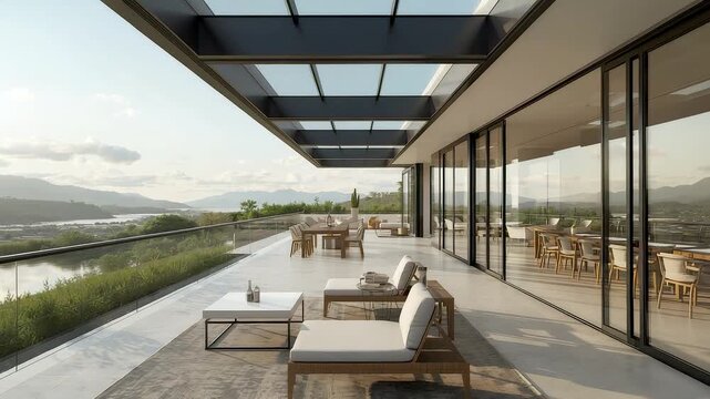 Modern Luxury Terrace with Glass Roof Overlooking Mountain Lake Landscape and Outdoor Lounge Furniture