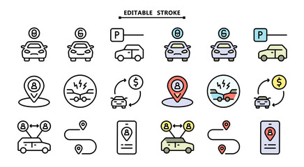 Car sharing vector symbols collection. Crisp outline icons set with editable stroke widths. Related car rent, repair, transport and travel.
