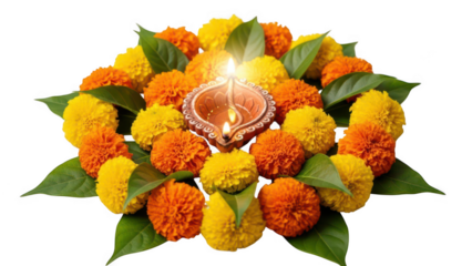 Traditional Indian Diya Lamp Surrounded by Marigold Flowers and Green Leaves diwali isolated on a transparent background