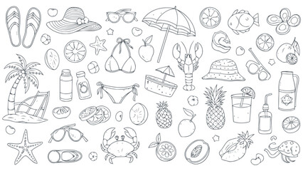 Collection of summer vacation items and fruits in line art style Vector, illustration