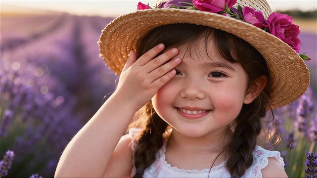 Niña pequeña  cubriéndose tímidamente un ojo con la mano 