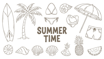 Summer time elements collection with beach items Vector, illustration
