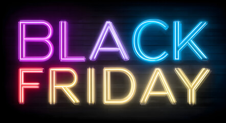 Black Friday and Cyber Monday neon text with mega sale event. Promotion, advertisement for shopping day. Retail and e-commerce marketing.