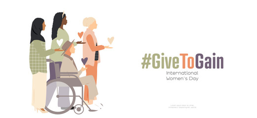 International Women's Day concept. #GiveToGain. Different women with hands together, extended forward in a gesture of offering.