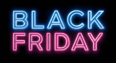 Black Friday and Cyber Monday neon text with mega sale event. Promotion, advertisement for shopping day. Retail and e-commerce marketing.