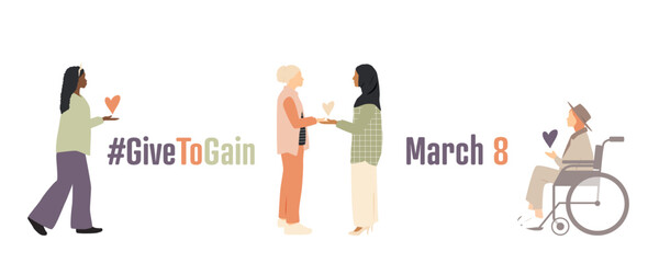International Women's Day concept. #GiveToGain. Different women with hands together, extended forward in a gesture of offering.