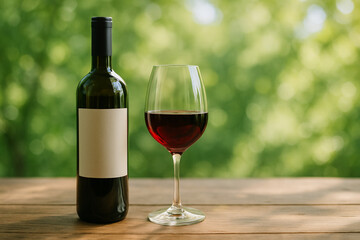 新緑の中で赤ワインが注がれたワイングラス　テラス