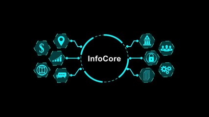 Info Core digital network with interconnected icons for finance security and communication on black background - Powered by Adobe