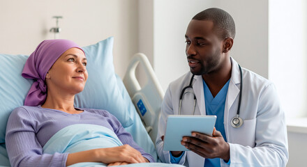 Obraz premium Doctor discusses treatment plan with female cancer patient wearing a headscarf in hospital bed