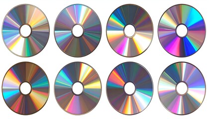 Eight reflective discs with holes, arranged in two rows, displaying colorful iridescence