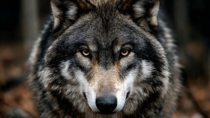 Intense Close-Up of a Majestic Gray Wolf with Piercing Eyes and Fur.