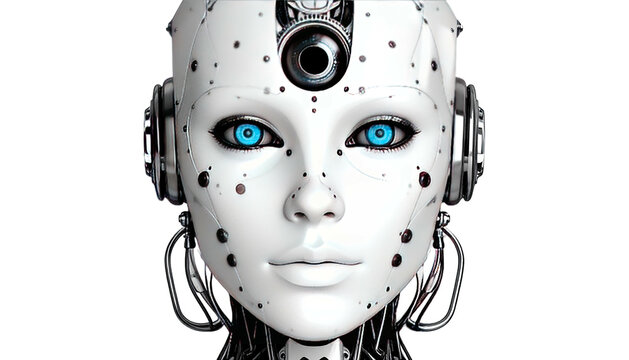 Female robot face with striking blue eyes and visible mechanical details
