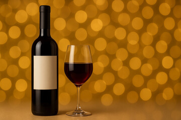 赤ワインが入ったワイングラスとボトル（ラベルなし）　背景イルミネーション