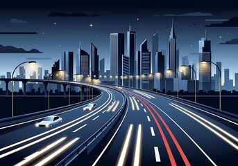 Futuristic urban highway at night with car lights and city skyline