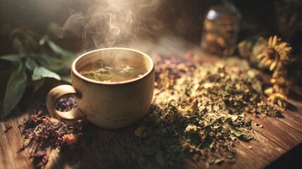 a steaming cup of herbal sage tea with herbs scattered around, cozy but professional dental wellness concept, soft cinematic lighting, 8k resolution