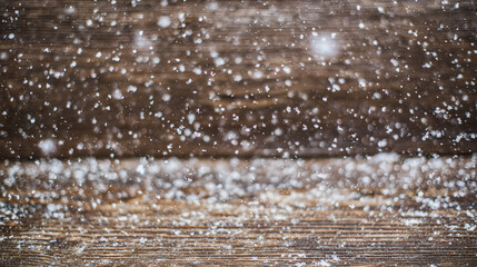 unanimity. Winter wooden surface with gentle snowfall, cold seasonal atmosphere. travel magazines, destination branding, designed for outdoor magazines and nature guides, inspires travel planning.
