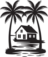 Tropical Island Home Silhouette with Palm Trees